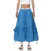 Calças cargo cropped femininas estilo retrô americano com cordão, pregas e bolsos grandes, novo estilo de verão, shorts tipo lanterna soltos, na moda