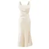Vestido de Verano con Tirantes Finos y Abertura Lateral, Falda Larga de Cola de Pez, Estilo Sexy, Escote Cuadrado, Cintura Fruncida, Estilo Francés