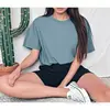 2025 Camiseta Casual de Color Sólido Talla Europea Manga Corta para Mujer Versión Lisa Top Regular Camiseta de Color Sólido Algodón Exportación