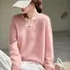 Tejido de Lana Cepillada de Talla Grande con Cuello en V para Mujer Otoño e Invierno Nuevo Estilo Coreano Holgado Prendas de Punto de Cachemir de Primera Línea Listas para Usar para Mujer