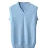 Colete Masculino de Moda 100% Lã Pura Gola V Outono Inverno Novo Cor Sólida Sem Mangas Tricô Colete Suéter