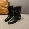 Botas Vaqueras Cortas Negras para Mujer 2026 Primavera Otoño Nuevas Adelgazantes Fruncidas Botas de Motociclista Tacón Grueso Botas de Caballero