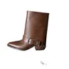 Botas de Couro com Rebites para Mulheres, Botas de Salto Grosso, Novo Estilo Outono e Inverno, Couro Genuíno, Bico Fino, Mangas, Botas da Moda de Cano Médio para Mulheres