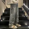 Pantalones Vaqueros de Estrella de Cinco Puntas para Hombre Otoño e Invierno Estilo Americano High Street Marca de Tendencia Pantalones Estudiantes de Secundaria Tubo Recto Holgados Pierna Ancha