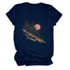 Amazon Wish sitio independiente moda casual versátil mujer árbol, sol, ladera de montaña cuello redondo manga corta camiseta