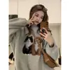Moletom Coreano Retrô com Estampa de Gato Estilo Bf Sem Capuz para Mulheres, Primavera e Outono 2025 Novo Casaco Jaqueta Casual de Design Fino
