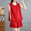 Conjunto feminino de verão, soltinho, respirável, gola redonda, sem mangas, plus size, com botões nas costas e shorts, um conjunto simples, moderno e versátil