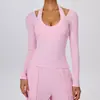 Top de yoga acanalado de manga larga ajustado estilo europeo y americano para otoño/invierno, top de fitness de alta intensidad, top de Pilates, top de running, top atlético de manga larga