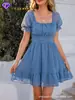 Vestido Corto de Venta Caliente Transfronterizo Cuello Cuadrado Suave Mangas Abullonadas Personalizado Cintura ceñida Adelgazante Espalda Descubierta Estilo Pura Tentación