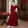 Vestido Formal Largo de Noche con Cuello Cuadrado Rojo y Mangas Largas Cintura Alta Dobladillo Amplio Moldeador Favorecedor Vestido para Fiesta Ocasión Formal