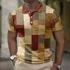 Camisa Polo Europeia e Americana Masculina Transfronteiriça Tendência com Estampa Digital 3D, Bloqueio de Cor Xadrez, Manga Curta, Colarinho Cuban