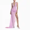 Vestido Halter com Decote em V Profundo e Design de Amarrar, Vestido Halter de Renda de Alta Qualidade em Tom Rosa e Roxo, Vestido Longo com Franzidos e Fenda, Caimento Justo e Sexy