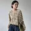 Outono/Inverno 2026 Novo Fio de Algodão Gola Redonda Meio Aberto Tricô Manga Longa Feminino Blusa Base Color Block Listrada Solta