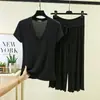 Roupa de Verão Camiseta Modal Manga Curta Decote V Feminina Fina Plus Size Amarração Babado Calça Sete Pontos Conjunto Casual