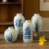 Vaso Cerâmico Retrô Jingdezhen Palavra Feliz Azul e Branco Bênção Pequeno Pote de Barro Zen Ornamentos para Cerimônia do Chá Dispositivo Hidropônico para Flores Decoração