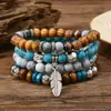 Amazon venta caliente transfronteriza pulsera de cuentas hecha a mano estilo retro para hombre pulsera de línea elástica multicapa con cuentas de madera árbol de la vida