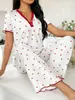 Pijama Longo com Manga Curta Estampado Primavera e Outono Europeu e Americano para Mulheres, Confortável de Perna Larga, Pode Ser Usado Fora, Roupa de Casa para Mulheres para o Verão