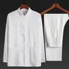 Conjunto de Traje Tang de Manga Larga para Hombres de Mediana Edad y Mayores, Conjunto de Dos Piezas Hanfu Estilo Chino para Abuelo, de Algodón y Lino, Cuello Alto, Abotonado, para Primavera y Otoño