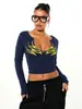 Camiseta base estampada estilo callejero de alta venta en comercio exterior transfronterizo, top corto ajustado elástico de manga larga con cuello en V, dulce y picante