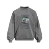 Sudadera con cuello redondo y estampado de personaje de peso pesado 400G con lavado desgastado, sudadera tipo pullover de corte holgado para hombre, adecuada para la moda callejera de primavera y otoño