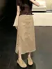 Falda de mujer color caqui con abertura lateral y ribete de encaje, nuevo de verano 2026, de cintura alta, adelgazante, versátil, de lino, línea A