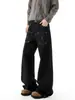 Jeans anchos de moda, estilo high-street, mezclilla negra, pantalones largos casuales para hombre estilo americano, acabado lavado, con bolsillos, ligeramente acampanados, diseño de otoño