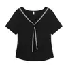 Blusa Falsa de Duas Peças com Gola Azul Marinho, Bloqueio de Cores Cruzado, Amarração, Tamanho Plus Size Feminino, Esconde Imperfeições, Emagrecedor, Manga Curta, Camiseta 66212