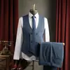 Conjunto de Terno Azul de Botão Duplo de Alta Qualidade Resistente a Amassados para Homens, Traje para Padrinhos de Casamento, Terno Risca de Giz Casual de Negócios para Homens