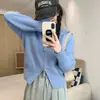 Cardigan de Tricô Cinza com Zíper e Capuz Estilo Pure Desire para Mulheres, Suéter Curto de Outono, Jaqueta Suéter de Nicho