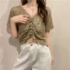 Top Hueco Delgado Verano 2026 Nuevo Cordón Cuello en V Chaqueta Corta Protección Solar Camisa Dulce y Picante Manga Corta Tejida Mujer