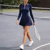 Falda Deportiva Plegada con Media Cremallera para Mujer, Falda de Tenis con Cuello Polo de Manga Larga Transfronteriza, Vestido Deportivo Anti-exposición para Fitness y Golf