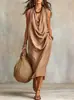 2026 Amazon Europeu e Americano Transfronteiriço Novo Vestido Casual Feminino Sem Mangas Solto com Gola Swing de Algodão e Linho para Férias