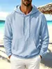 Nova blusa de moletom com capuz de algodão e linho estilo europeu e americano para homens, cor sólida, manga longa, top solto casual versátil