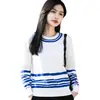 Suéter de tricô listrado de algodão puro para exportação transfronteiriça para mulheres, gola redonda, design color-block, estilo casual, adequado para o trabalho e uso diário, peça básica de manga comprida