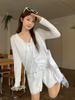 Cardigã de Verão com Laço e Listras Azuis, Manga Longa Feminino Estilo Coreano Levemente Transparente Fino Cover-Up, Top Solto e Relaxado