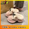 Pantufas Peludas Fofas com Laço para Mulheres 2025 Outono e Inverno Nova Moda Versátil Quente Forrado com Lã de Carneiro Dedo do Pé Algodão