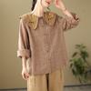 Foto Real de Camisa Bordada Nueva de Muñeca Estilo Vintage Primavera Temprana 2025, Camisa a Cuadros Femenina, Top a Cuadros de Manga Larga