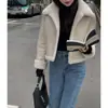 Talla Actualizada Chic Coreano Invierno Retro Solapa Cuero y Piel Integrados Reversible Imitación Lana de Cordero Abrigo para Mujer