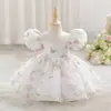 Vestido estampado transfronterizo para niña, vestido de tul de malla floral para niños, nuevo vestido de princesa estilo europeo y americano con manga abullonada