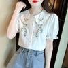 Camisa de Algodão Puro Bordada com Gola Baby Doll para Mulheres, Elegante 100% Algodão Moda Verão 2026 Top Solto e Fresco