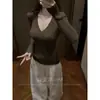 Suéter de punto acanalado estilo coreano para mujer, con escote en V profundo, manga larga, corte ajustado, favorecedor, capa base pura y seductora