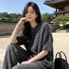 Suéter de punto de lana cepillada, corte relajado, holgado, de manga tres cuartos para mujer; suéter de manga corta y cuello redondo; elegante top de punto