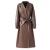 Casaco de Couro Haining para Mulheres, Comprimento Médio, Dupla Face, com Cinto, Elegante Trench Coat, Nova Jaqueta de Couro Outono e Inverno