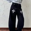 Jeans boca de sino com estampa de cruz, estilo retrô americano, para mulheres, coleção primavera/outono 2026, caimento solto, calça de perna larga