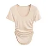 Camiseta de Manga Corta con Escote en U, Cintura Fruncida y Dobladillo Curvo, Estilo Puro Deseo, Color Rosa Sakura de Moda, Top Ajustado para Mujer en Verano