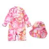 Roupa de banho infantil para meninas, maiô de peça única com capuz de desenho animado, roupa de banho de manga curta com proteção solar para praia para bebês e meninas pequenas