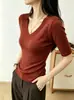 Camiseta de Lã Lyocell 260g para mulheres, direto da fábrica, nova, para o início do outono, slim fit, gola V, exclusiva para atacado de verão