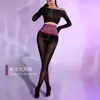 Meia-calça Sexy Preta com Renda na Cintura 360 Sem Costura 5D Brilhante com Abertura no Gancho para Mulheres, Tentação Erótica