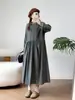 Vestido Feminino Longo de Manga Longa com Gola Xadrez, Estilo Mori Girl Japonês, Caimento Solto, Comprimento Médio, Vestidos Femininos Atacado