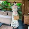 Vestido de tirantes retro francés de lunares sin mangas para mujer con empalme de encaje, adelgazante de cintura, elegante vestido largo para verano